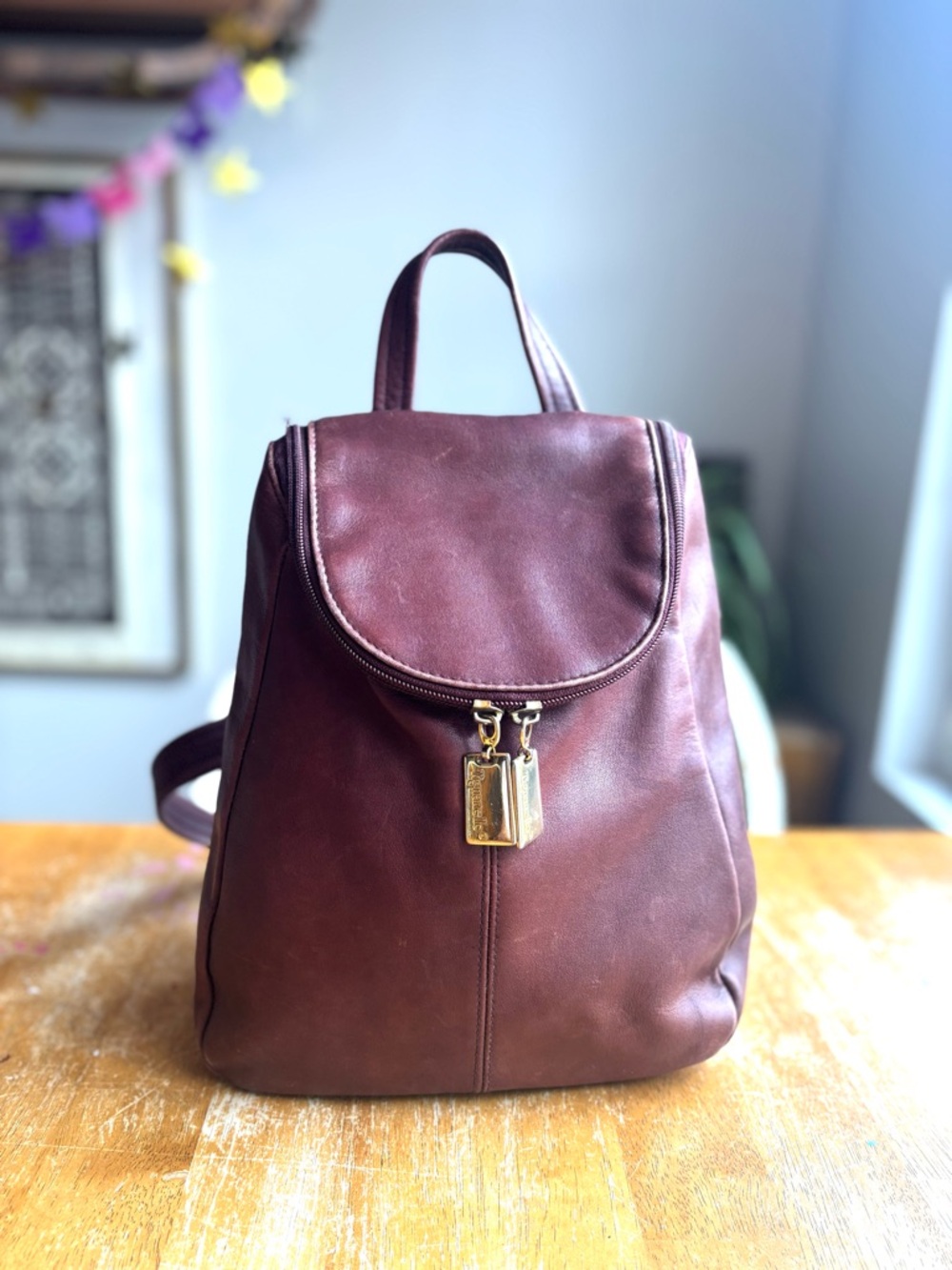 Tiganello Smooth Leather Backpack in Dark Brown with Gold Accent